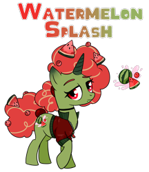 Size: 1794x2073 | Tagged: safe, artist:smilesupsidedown, imported from derpibooru, oc, oc only, food pony, original species, pony, unicorn, clothes, eyelashes, female, food, horn, mare, ponified, raised hoof, simple background, solo, transparent background, unicorn oc, watermelon