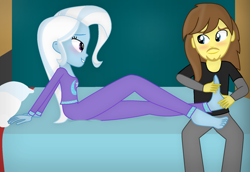 Size: 1600x1102 | Tagged: safe, artist:grapefruit-face, imported from derpibooru, trixie, oc, oc:grapefruit face, equestria girls, barefoot, blushing, canon x oc, clothes, duo, feet, female, fetish, foot fetish, foot massage, grapexie, grin, looking at each other, male, pajamas, shipping, show accurate, smiling, smiling at each other, straight