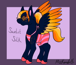 Size: 1750x1500 | Tagged: safe, artist:misskanabelle, imported from derpibooru, oc, oc only, oc:sunlit silk, pegasus, pony, abstract background, adopted offspring, clothes, colored hooves, female, mare, parent:photo finish, parent:pokey pierce, parents:photopierce, pegasus oc, signature, solo, sunglasses, swimsuit, two toned wings, wings