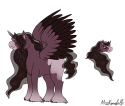 Size: 2360x2000 | Tagged: safe, artist:misskanabelle, imported from derpibooru, oc, oc only, alicorn, pony, alicorn oc, crack ship offspring, duo, ethereal mane, female, hair over eyes, high res, hoof fluff, horn, mare, offspring, parent:princess luna, parent:trouble shoes, parents:troubleluna, signature, simple background, solo, transparent background, wings