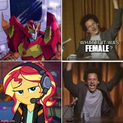 Size: 500x500 | Tagged: safe, imported from derpibooru, sunset shimmer, equestria girls, equestria girls series, game stream, spoiler:eqg series (season 2), bedroom eyes, eric andre, headphones, hot rod, imgflip, meme, photo, rodimus, the eric andre show, transformers