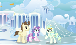 Size: 4775x2884 | Tagged: safe, artist:candyandflurry, imported from derpibooru, pound cake, princess flurry heart, oc, oc:misty trail, alicorn, pegasus, pony, female, male, mare, offspring, older, older flurry heart, parent:sky stinger, parent:vapor trail, parents:vaporsky, stallion