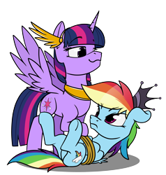 Size: 4560x4800 | Tagged: safe, alternate version, artist:dacaoo, imported from derpibooru, rainbow dash, twilight sparkle, oc, oc:athena (shawn keller), oc:lustrous (shawn keller), alicorn, pegasus, pony, bondage, clothes, cosplay, costume, crown, duo, floppy ears, frown, guardians of pondonia, jewelry, necklace, rainbond dash, regalia, rope, rope bondage, simple background, smiling, smug, spread wings, tied up, transparent background, twilight sparkle (alicorn), underhoof, wings