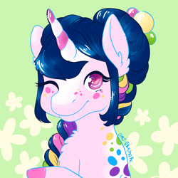 Size: 3000x3000 | Tagged: safe, artist:kirakiracalico, imported from derpibooru, oc, oc only, pony, unicorn, abstract background, braid, bust, colored hooves, ear fluff, eyelashes, female, high res, horn, mare, one eye closed, signature, smiling, solo, unicorn oc, wink