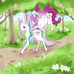 Size: 1800x1800 | Tagged: safe, artist:kirakiracalico, imported from derpibooru, oc, oc only, earth pony, pegasus, pony, bow, colored hooves, duo, earth pony oc, flower, flying, hair bow, outdoors, pegasus oc, signature, smiling, tree, wings