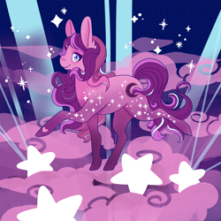 Size: 3000x3000 | Tagged: safe, artist:kirakiracalico, imported from derpibooru, oc, oc only, earth pony, pony, cloud, ear fluff, earth pony oc, female, high res, mare, on a cloud, raised hoof, signature, smiling, solo, stars