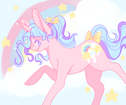 Size: 3600x3000 | Tagged: safe, artist:kirakiracalico, imported from derpibooru, oc, oc only, pony, unicorn, bow, female, hair bow, high res, horn, mare, rainbow, raised hoof, signature, smiling, solo, tail bow, unicorn oc