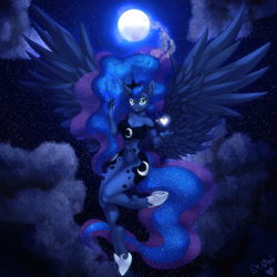 Size: 5312x5311 | Tagged: safe, artist:pony straponi, artist:st. oni, imported from derpibooru, princess luna, alicorn, anthro, unguligrade anthro, abs, bottomless, clothes, cloud, colored, female, full body, heart, moon, night, partial nudity, sky, solo, spread wings, wings