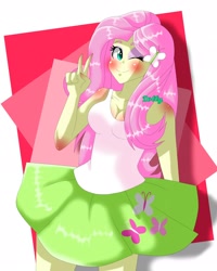Size: 1638x2048 | Tagged: safe, artist:dollybrownpigta, artist:dollybrownpigtails, imported from derpibooru, fluttershy, equestria girls, abstract background, adorasexy, beautisexy, blushing, breasts, busty fluttershy, cleavage, clothes, cute, cutie mark, cutie mark on clothes, daaaaaaaaaaaw, eyelashes, female, hairclip, one eye closed, paraskirt, peace sign, sexy, shyabetes, skirt, solo, wink