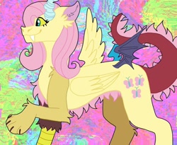 Size: 1080x885 | Tagged: safe, alternate version, artist:teacreationss, imported from derpibooru, discord, fluttershy, draconequus, abstract background, draconequified, ear fluff, female, flutterequus, fusion, fusion:discord, fusion:fluttershy, smiling, solo, species swap