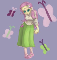 Size: 877x921 | Tagged: safe, alternate version, artist:king_.emery, imported from derpibooru, fluttershy, butterfly, equestria girls, clothes, duo, female, high heels, sad, scene interpretation, shoes, skirt, solo