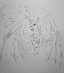 Size: 2448x2767 | Tagged: safe, artist:crazyaniknowit, imported from derpibooru, nightmare moon, pony, high res, monochrome, solo, traditional art