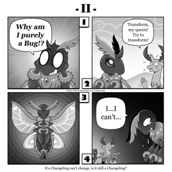 Size: 1200x1200 | Tagged: safe, artist:vavacung, imported from derpibooru, pharynx, queen chrysalis, thorax, changedling, changeling, insect, moth, comic:out of chrysalis, comic, female, frog (hoof), king thorax, species swap, sweat, sweatdrops, underhoof