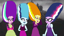 Size: 5000x2813 | Tagged: safe, artist:bigpurplemuppet99, imported from derpibooru, adagio dazzle, aria blaze, sci-twi, sonata dusk, twilight sparkle, equestria girls, bride of frankenstein, castle, the dazzlings