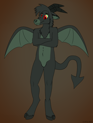 Size: 2140x2838 | Tagged: safe, artist:crusierpl, imported from derpibooru, oc, oc only, oc:jersey devil (shawn keller), anthro, goat, unguligrade anthro, cloven hooves, colored sclera, community related, crossed arms, front view, gradient background, guardians of pondonia, hair, high res, horns, jersey devil, male, margarita paranormal, red eyes, smiling, solo, spread wings, standing, tail, unshorn fetlocks, webbed wings, wings