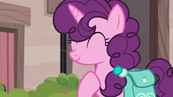 Size: 1920x1080 | Tagged: safe, imported from derpibooru, screencap, sugar belle, pony, unicorn, hard to say anything, season 7, 1080p, ^^, bag, cute, eyes closed, female, mare, saddle bag, smiling, solo, sugarbetes