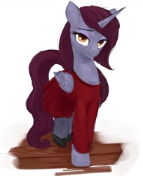 Size: 1136x1394 | Tagged: safe, artist:some_ponu, imported from derpibooru, oc, oc only, oc:joyful journey, alicorn, pony, fallout equestria, artificial alicorn, clothes, female, horn, looking at you, mare, red dress, socks, solo, stockings, thigh highs, transgender, wings