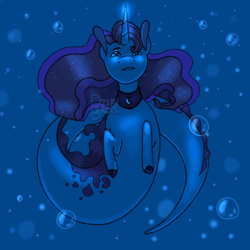 Size: 1200x1200 | Tagged: safe, artist:dzikibadyl, imported from derpibooru, princess luna, alicorn, hybrid, merpony, pony, sea pony, blue background, blue mane, bubble, female, flowing mane, glowing horn, horn, ocean, seapony luna, simple background, solo, species swap, underwater, water