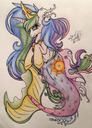 Size: 692x960 | Tagged: safe, artist:mint0swirl, imported from derpibooru, princess celestia, alicorn, mermaid, merpony, pony, seapony (g4), crown, dorsal fin, female, fish tail, flowing mane, flowing tail, horn, jewelry, looking at you, mermaidized, multicolored hair, regalia, sealestia, seaponified, seapony celestia, signature, simple background, smiling, solo, species swap, tail, white background