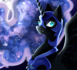 Size: 1280x1164 | Tagged: safe, artist:nekane-b-a, imported from derpibooru, nightmare moon, alicorn, pony, blue eyes, blue mane, colored pupils, ear fluff, ethereal mane, female, flowing mane, grin, helmet, horn, moonlight, night, redraw, smiling, solo, spread wings, starry mane, wings