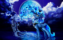 Size: 1280x815 | Tagged: safe, artist:kp-shadowsquirrel, artist:silverstarlet, imported from derpibooru, princess luna, alicorn, pony, blue mane, blue tail, cloud, colored pupils, crown, deviantart watermark, female, folded wings, jewelry, moon, night, obtrusive watermark, regalia, sky, smiling, solo, water, watermark, wings