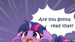 Size: 3200x1800 | Tagged: safe, artist:symbianl, edit, imported from derpibooru, twilight sparkle, pony, unicorn, adorable distress, angry dog noises, blushing, book, cheek fluff, crying, cute, dialogue, distressed, ear fluff, female, floppy ears, fluffy, hair, high res, horn, leg fluff, mare, meme, open mouth, solo, speech bubble, teary eyes, that pony sure does love books, twiabetes, unicorn twilight