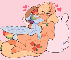 Size: 2048x1739 | Tagged: source needed, safe, artist:coonyloony, imported from derpibooru, applejack, rainbow dash, earth pony, pegasus, pony, accessory swap, appledash, blushing, cuddling, female, heart, lesbian, mare, pillow, pink background, shipping, simple background, snuggling