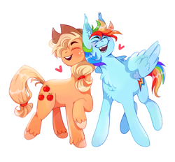 Size: 1567x1457 | Tagged: safe, artist:paintedhen, imported from derpibooru, applejack, rainbow dash, earth pony, pegasus, pony, appledash, blushing, chest fluff, ear fluff, eyes closed, female, floating heart, heart, lesbian, open mouth, open smile, shipping, smiling, unshorn fetlocks
