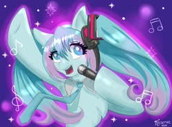 Size: 1353x1000 | Tagged: safe, artist:nedemai, imported from derpibooru, kotobukiya, earth pony, pony, anime, crossover, dancing, female, hatsune miku, headphones, kotobukiya hatsune miku pony, microphone, necktie, ponified, singing, solo, vocaloid