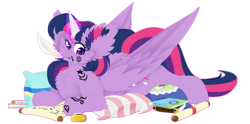 Size: 2418x1198 | Tagged: safe, artist:vanillaswirl6, imported from derpibooru, twilight sparkle, alicorn, pony, book, cheek fluff, chest fluff, ear fluff, ink, inkwell, pillow, quill, quill pen, scroll, simple background, solo, tongue out, transparent background, twilight sparkle (alicorn)