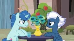 Size: 1920x1080 | Tagged: safe, imported from derpibooru, screencap, night glider, party favor, pegasus, pony, unicorn, hard to say anything, season 7, female, looking at each other, male, mare, partyglider, shipping, shipping fuel, stallion, straight, table