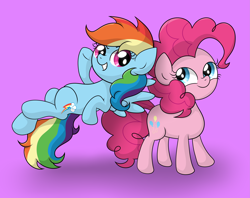 Size: 5045x3988 | Tagged: safe, artist:background basset, imported from derpibooru, pinkie pie, rainbow dash, earth pony, pegasus, pony, absurd resolution, duo, duo female, female, flying, grin, lesbian, mare, pinkiedash, purple background, shipping, simple background, smiling, spread wings, wings