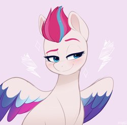 Size: 1300x1280 | Tagged: safe, artist:higgly-chan, imported from derpibooru, imported from ponybooru, zipp storm, pegasus, pony, spoiler:g5, spoiler:my little pony: a new adventure, adorazipp, blushing, bust, cute, female, g5, lidded eyes, mare, mohawk, multicolored hair, my little pony: a new adventure, my little pony: a new generation, pink background, simple background, smiling, solo