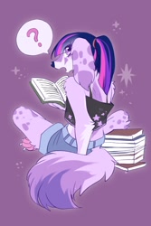 Size: 800x1200 | Tagged: safe, artist:swaybat, imported from derpibooru, twilight sparkle, anthro, digitigrade anthro, dog, book, clothes, furrified, furry, midriff, paws, question mark, reading, shorts, solo, tanktop