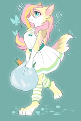 Size: 800x1200 | Tagged: safe, artist:swaybat, imported from derpibooru, fluttershy, anthro, butterfly, digitigrade anthro, dog, bag, barefoot, carrot, clothes, dress, feet, female, food, furrified, furry, green background, leg warmers, music notes, paws, simple background, smiling, solo, species swap