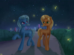 Size: 4724x3543 | Tagged: safe, artist:lin feng, imported from derpibooru, sunflower spectacle, trixie, pony, unicorn, absurd resolution, female, glowworm, like mother like daughter, like parent like child, mare, mother and child, mother and daughter, night, stars