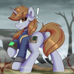 Size: 1750x1750 | Tagged: safe, artist:shadowreindeer, imported from derpibooru, oc, oc only, oc:littlepip, pony, unicorn, fallout equestria, brown hair, butt, clothes, cutie mark, dock, exclamation point, eye clipping through hair, eyelashes, featureless crotch, female, green eyes, jumpsuit, looking at you, looking back, looking back at you, mane, outdoors, pipbuck, pipbutt, plot, raised hoof, rear view, solo, standing, tail, vault suit, wasteland