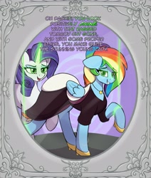 Size: 3389x4000 | Tagged: safe, artist:czu, imported from derpibooru, rainbow dash, rarity, pegasus, pony, unicorn, inspiration manifestation, clothes, dress, duo, duo female, female, floppy ears, forced makeover, glowing eyes, glowing horn, green eyes, grin, heels on a horse, high heels, high res, horn, inspirarity, makeover, makeup, mare, mind control, mirror, possessed, puppet strings, rainbow dash always dresses in style, shoes, smiling, tomboy taming