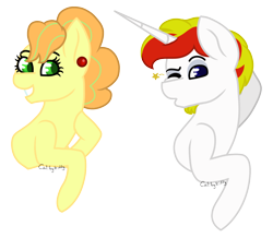 Size: 1342x1170 | Tagged: safe, artist:calibykitty, artist:midnightamber, imported from derpibooru, oc, oc:apple needle, oc:lucky charm, earth pony, pony, unicorn, ear piercing, earring, jewelry, looking at you, one eye closed, piercing, smiling, wink, winking at you