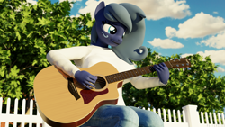 Size: 5760x3240 | Tagged: safe, artist:hunterz263, imported from derpibooru, oc, oc only, oc:midnight music, anthro, plantigrade anthro, 3d, 5k, acoustic guitar, blender, clothes, guitar, jeans, musical instrument, nexgen, not sfm, outdoors, pants, shirt