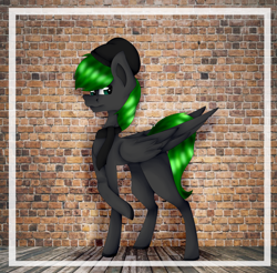 Size: 2352x2312 | Tagged: artist needed, safe, imported from derpibooru, oc, oc only, oc:vertex soundwave, pegasus, pony, brick wall, clothes, commission, hat, high res, male, realistic background, scarf, solo, stallion, ych result