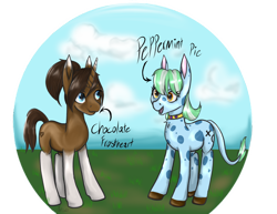 Size: 1024x792 | Tagged: safe, artist:zsnowfilez, imported from derpibooru, oc, oc only, oc:chocolate frostheart, oc:peppermint pie, earth pony, pony, unicorn, female, mare