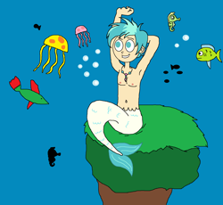 Size: 1670x1538 | Tagged: safe, artist:ocean lover, imported from derpibooru, terramar, fish, human, jellyfish, merboy, mermaid, merman, armpits, belly button, bubble, humanized, jewelry, looking up, male, mermaid lovers, mermaidized, mermanized, mermay, necklace, ocean, sitting, species swap, tail, underwater