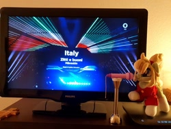 Size: 2048x1536 | Tagged: safe, artist:xeto_de, imported from derpibooru, imported from ponybooru, oc, oc only, oc:milli, pony, eurovision song contest, irl, italian, italy, microphone, photo, plushie, television