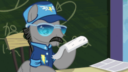 Size: 1920x1080 | Tagged: safe, imported from derpibooru, screencap, whiplash, pony, testing testing 1-2-3, animated, beard, black beard, black mane, cap, chair, chalkboard, clothes, exam supervisor, facial hair, glasses, gray fur, hat, holding paper, male, paper, paper slide, reading, sitting, solo, stallion, table, test, wonderbolts