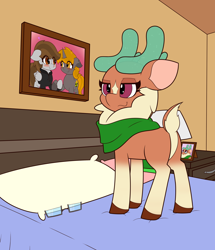 Size: 3302x3837 | Tagged: safe, artist:mrneo, imported from derpibooru, cashmere (tfh), oc, oc:nuclear fusion, oc:penny page, them's fightin' herds, background, bed, bed frame, clothes, community related, glasses, high res, indoors, lamp, nightstand, on bed, picture frame, pillow, scarf, solo
