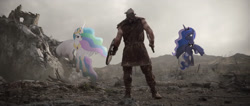 Size: 1439x609 | Tagged: safe, artist:slabs37, imported from derpibooru, princess celestia, princess luna, human, pony, axe, for honor, photoshop, shield, viking, weapon