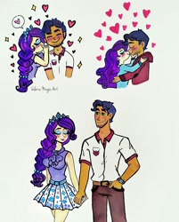 Size: 1794x2230 | Tagged: safe, artist:valeriamagicart, imported from derpibooru, capper dapperpaws, rarity, human, blushing, capperity, crown, cute, dark skin, eyes closed, female, floating heart, heart, holding hands, humanized, jewelry, kissing, male, regalia, shipping, straight, traditional art