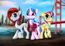 Size: 4460x3164 | Tagged: safe, artist:nicolaykoriagin, imported from derpibooru, oc, oc:gallop crush, oc:golden gates, earth pony, pegasus, pony, unicorn, babscon, babscon mascots, golden gate bridge, san francisco