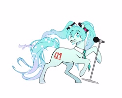 Size: 3000x2400 | Tagged: safe, artist:h0neybraden, imported from derpibooru, kotobukiya, earth pony, pony, female, hatsune miku, high res, kotobukiya hatsune miku pony, mare, microphone, music, music notes, ponified, smiling, solo, vocaloid